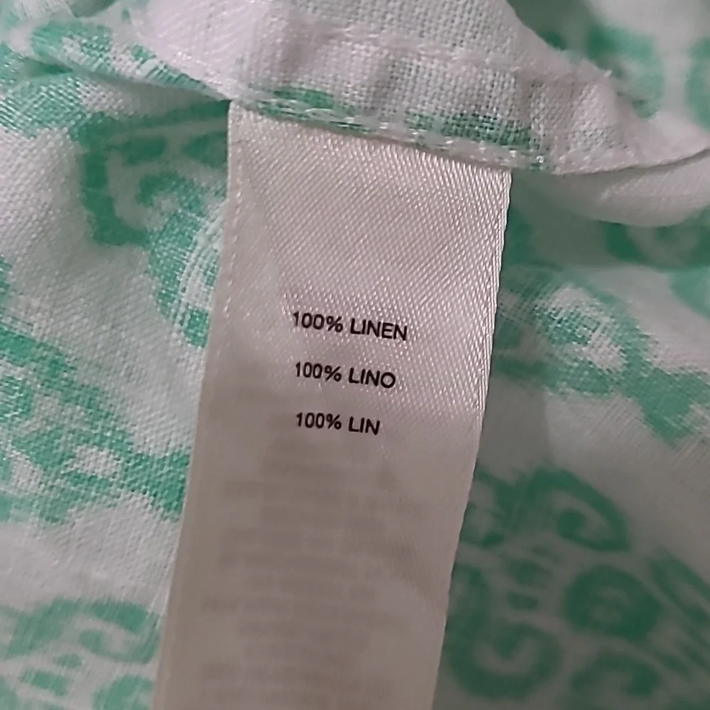 Chico's Green & White Patterned 100% Linen Button-Up 3/4 Length Sleeve Top (2)